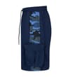 Thumbnail Side view of navy cargo shorts with blue camo panel and pocket.